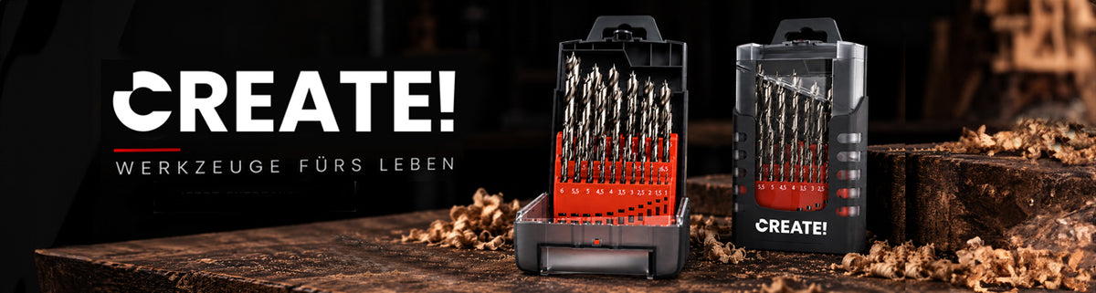 CREATE! Holzbohrer-Set 25-teilig in zwei Kassetten auf einer Werkbank