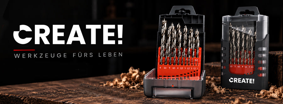 CREATE! Holzbohrer-Set 25-teilig in zwei Kassetten auf einer Werkbank